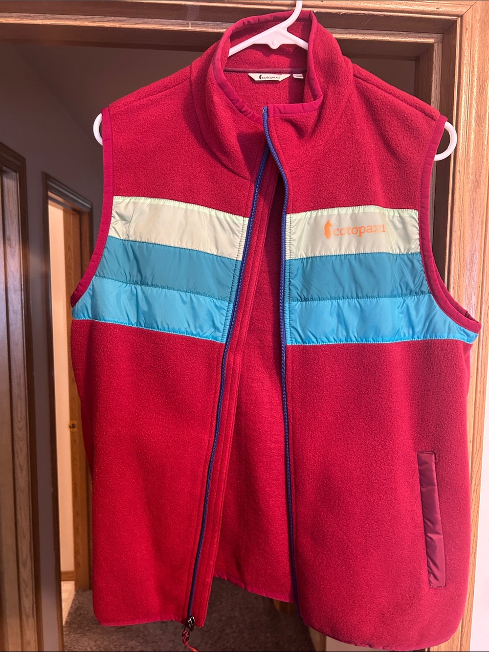 cotopaxi Red Fleece Vest with Blue and Green Stripes size L